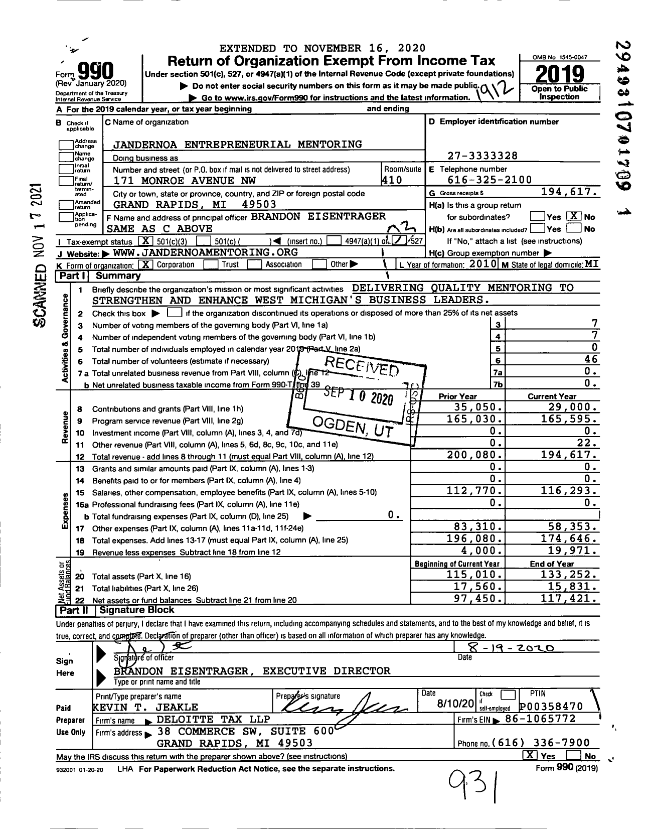 Image of first page of 2019 Form 990 for Jandernoa Entrepreneurial Mentoring