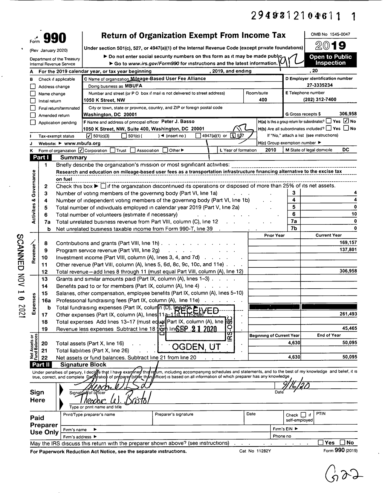 Image of first page of 2019 Form 990 for Mileage Based User Fee Alliance (MBUFA)