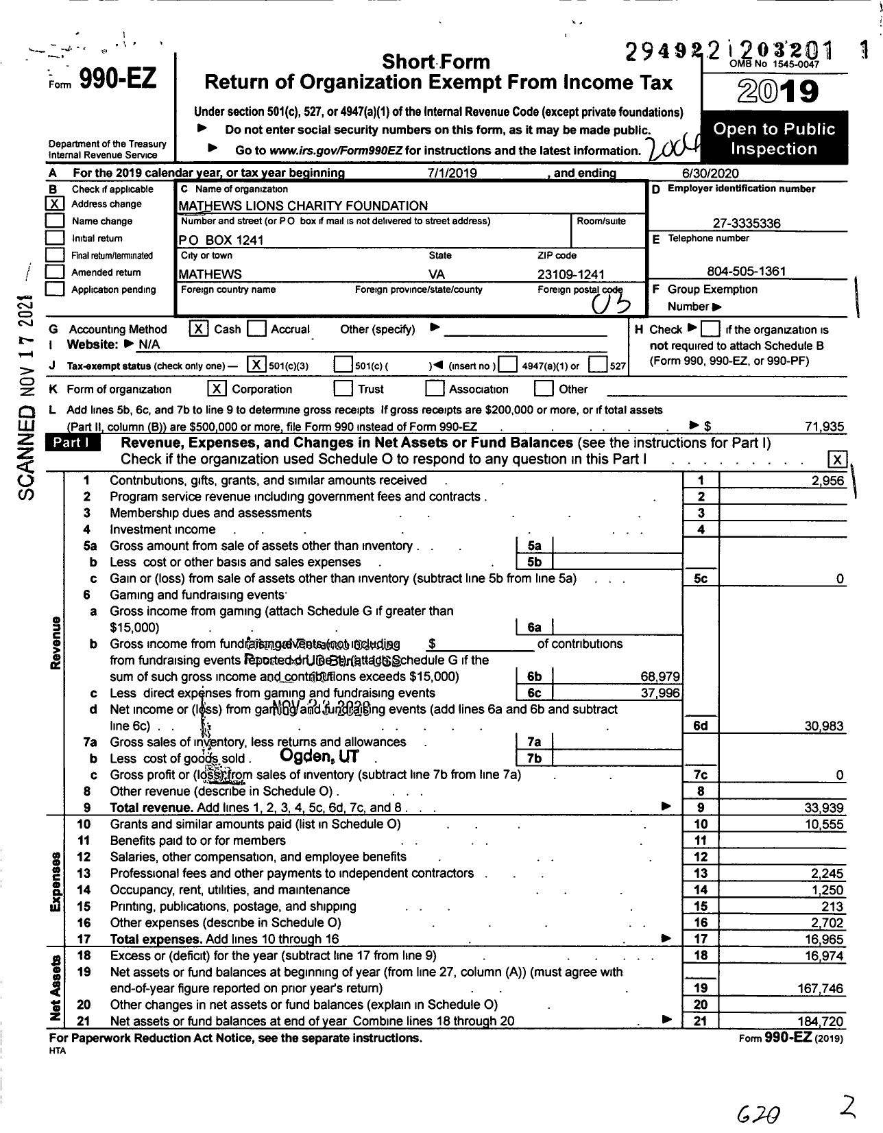 Image of first page of 2019 Form 990EZ for Mathews Lions Charity Foundation