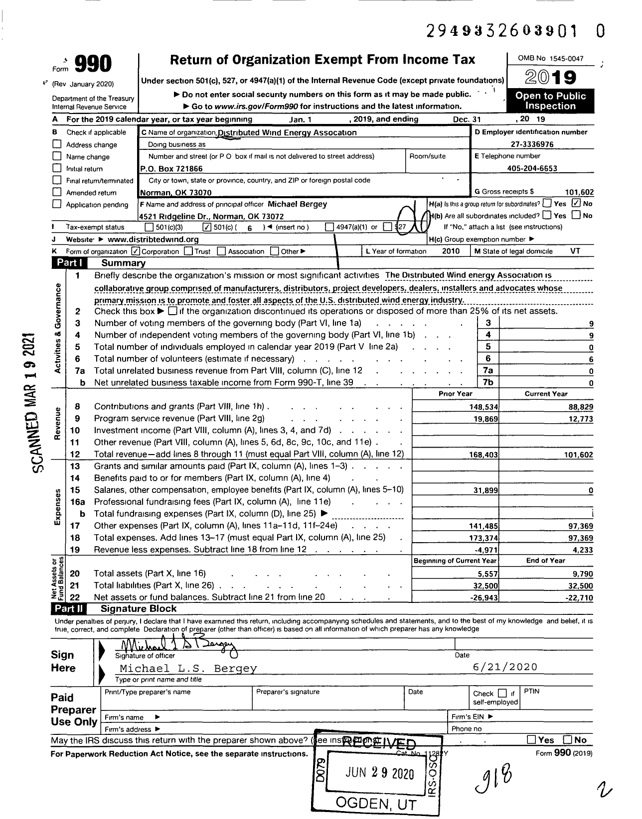 Image of first page of 2019 Form 990O for Distributed Wind Energy Association