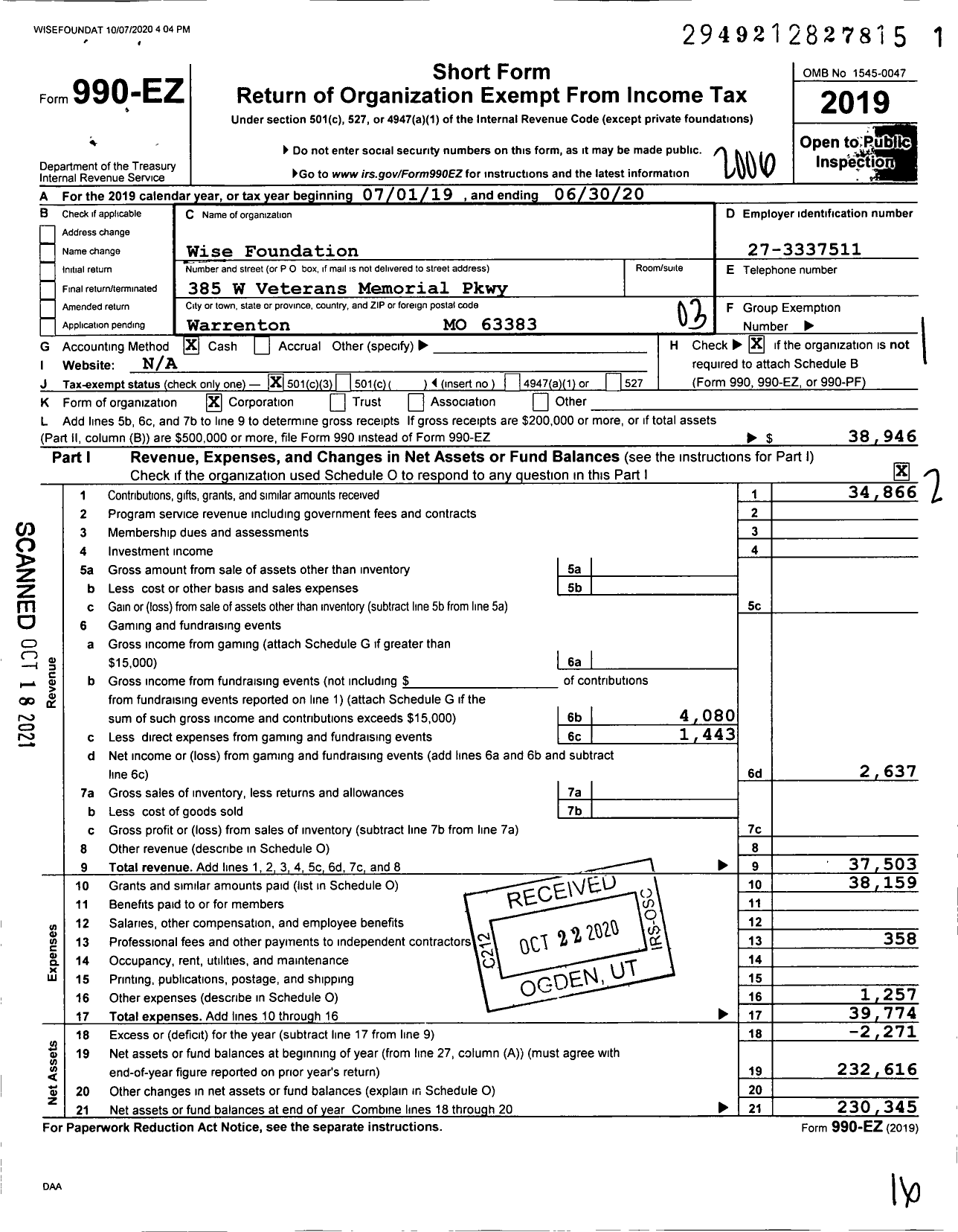 Image of first page of 2019 Form 990EZ for Wise Foundation