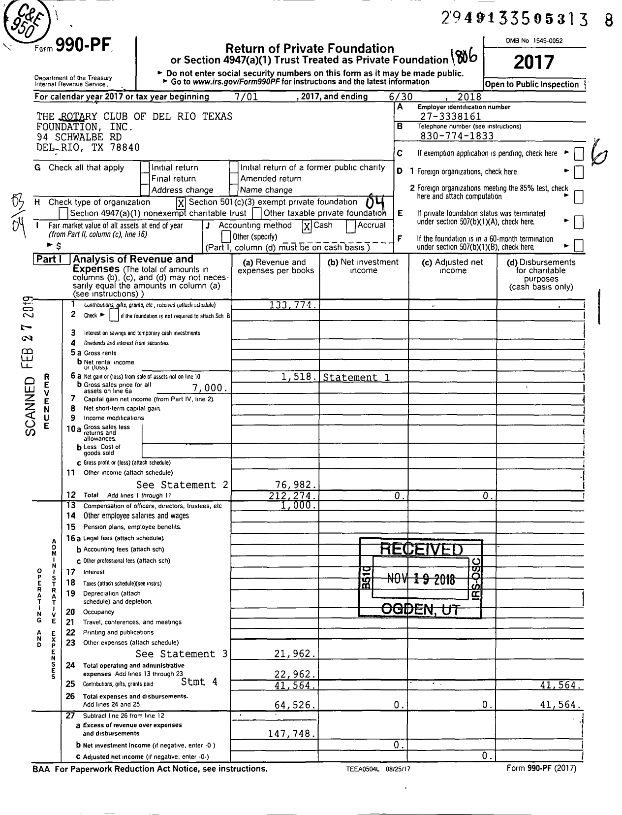 Image of first page of 2017 Form 990PF for The Rotary Club of Del Rio Texas Foundation