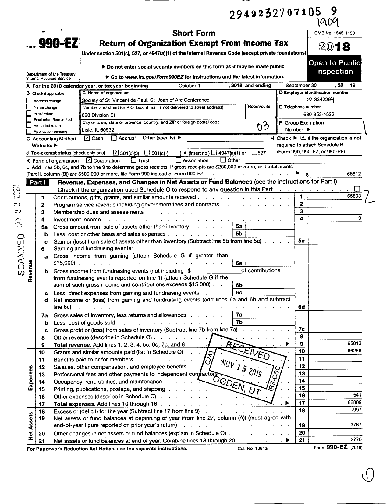 Image of first page of 2018 Form 990EZ for Society of St Vincent de Paul St Joan of Arc Conference