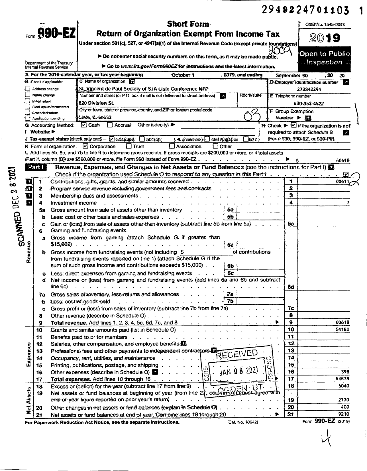 Image of first page of 2019 Form 990EZ for Society of St Vincent de Paul St Joan of Arc Conference