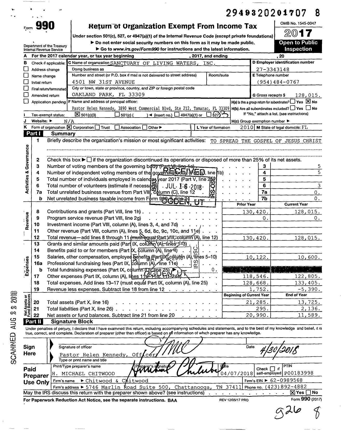 Image of first page of 2017 Form 990 for Sanctuary of Living Waters