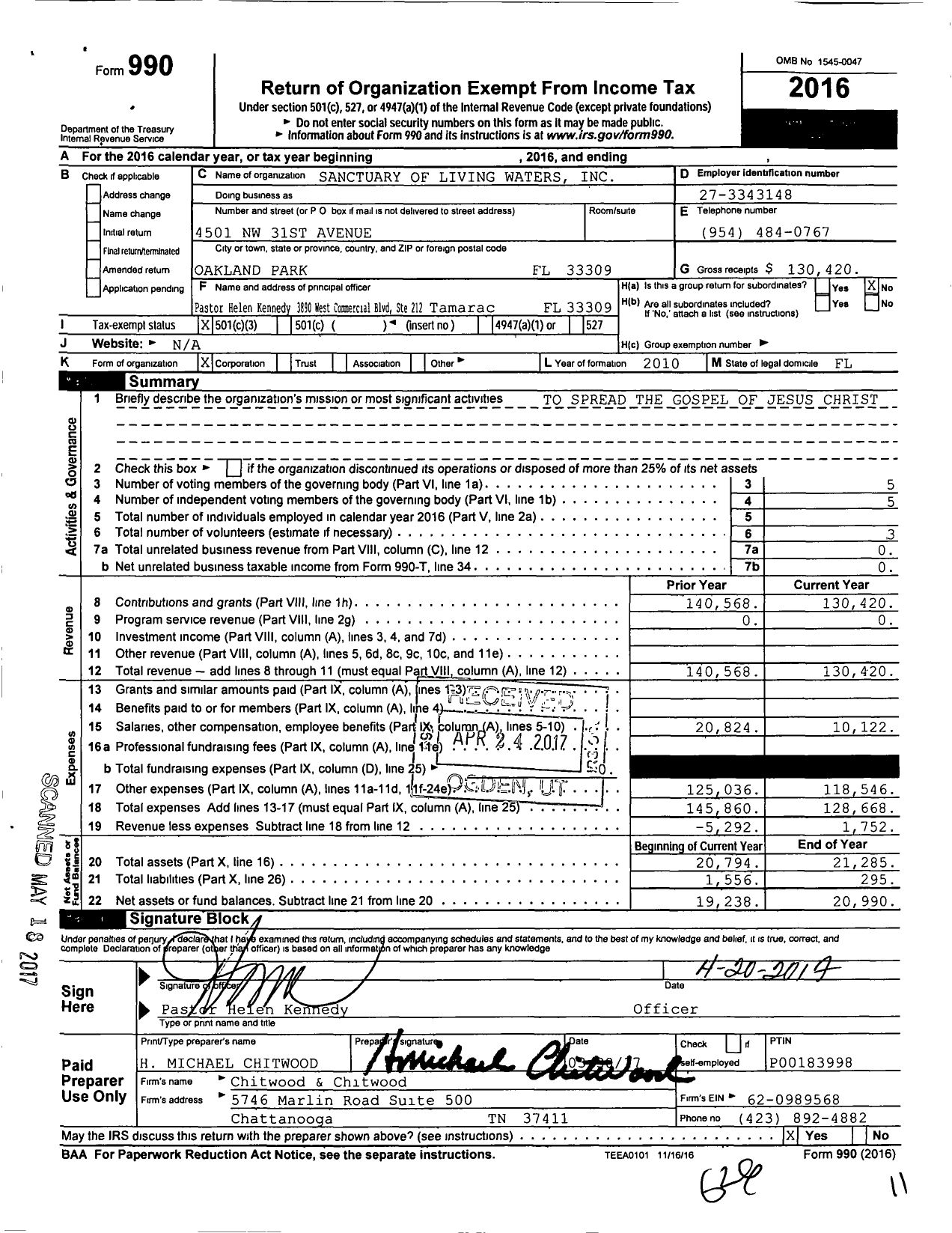 Image of first page of 2016 Form 990 for Sanctuary of Living Waters