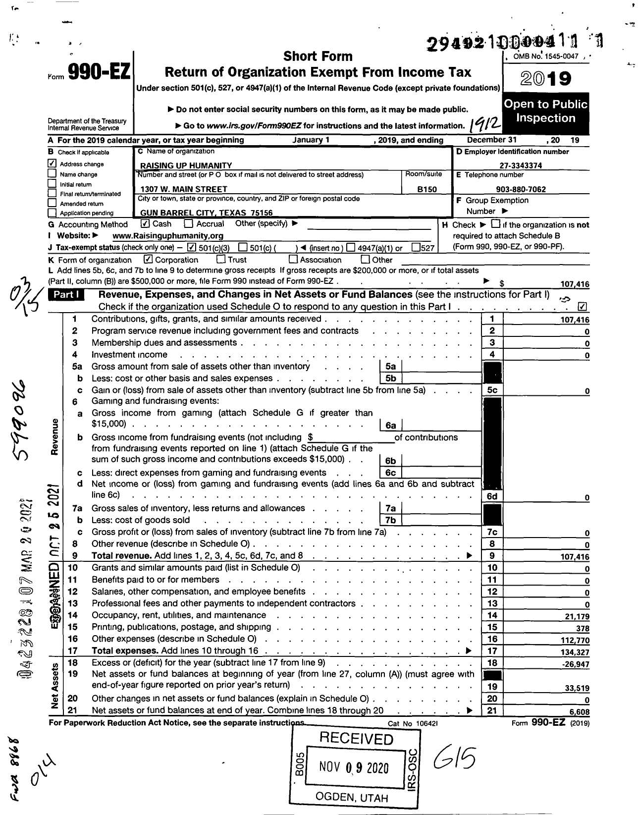 Image of first page of 2019 Form 990EZ for Raising Up Humanity