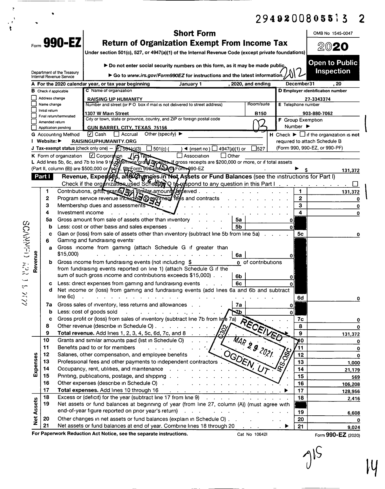 Image of first page of 2020 Form 990EZ for Raising Up Humanity