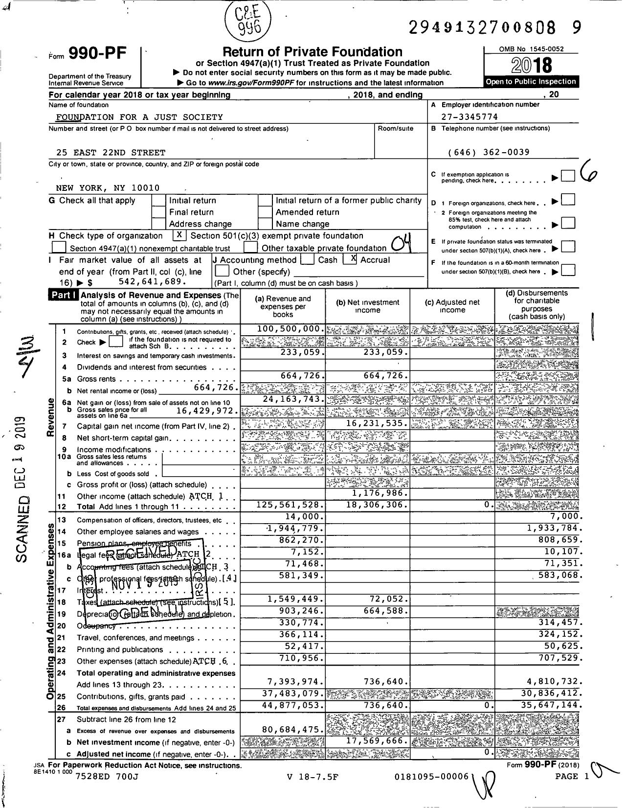 Image of first page of 2018 Form 990PF for Foundation for A Just Society (FJS)