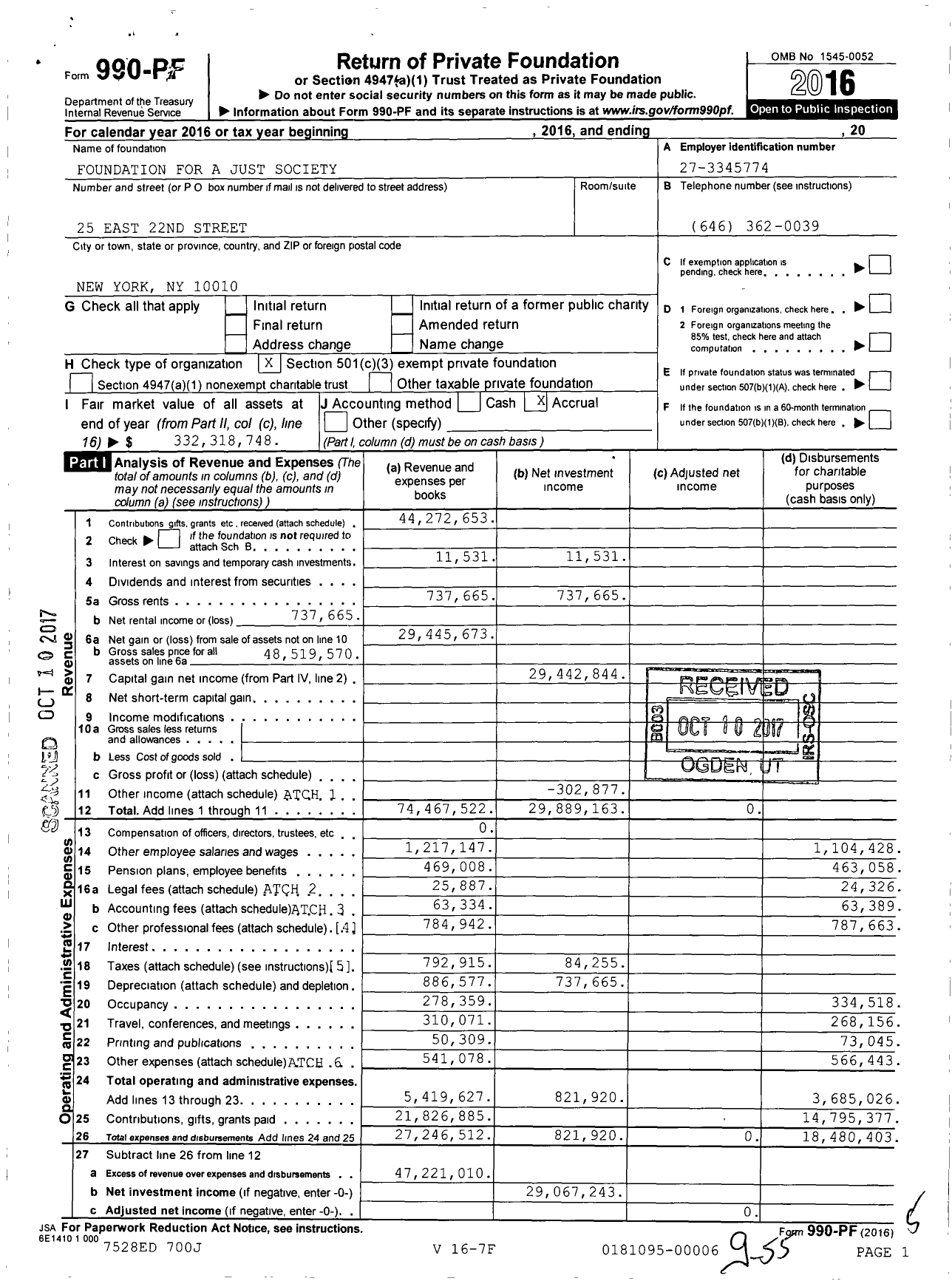 Image of first page of 2016 Form 990PF for Foundation for A Just Society (FJS)