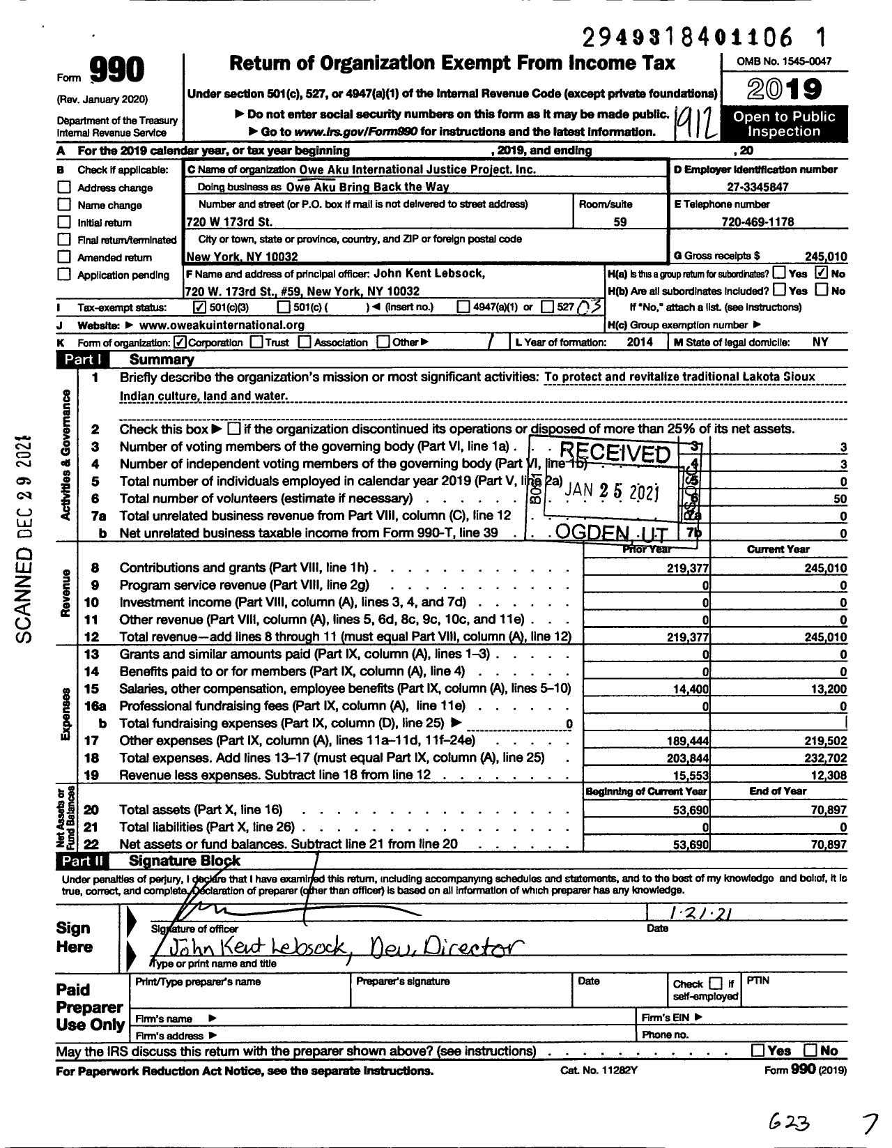 Image of first page of 2019 Form 990 for Owe Aku International Justice Project