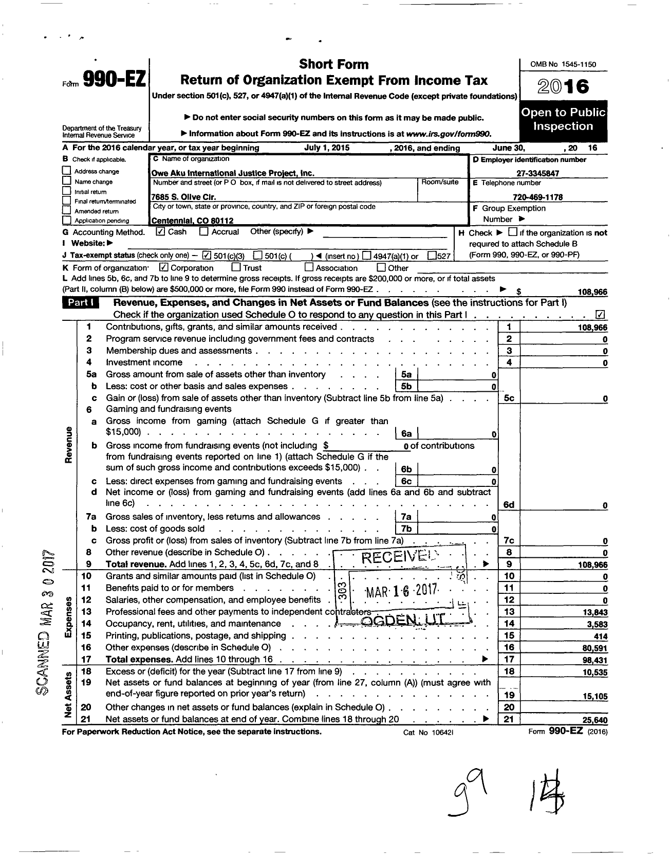 Image of first page of 2015 Form 990EZ for Owe Aku International Justice Project