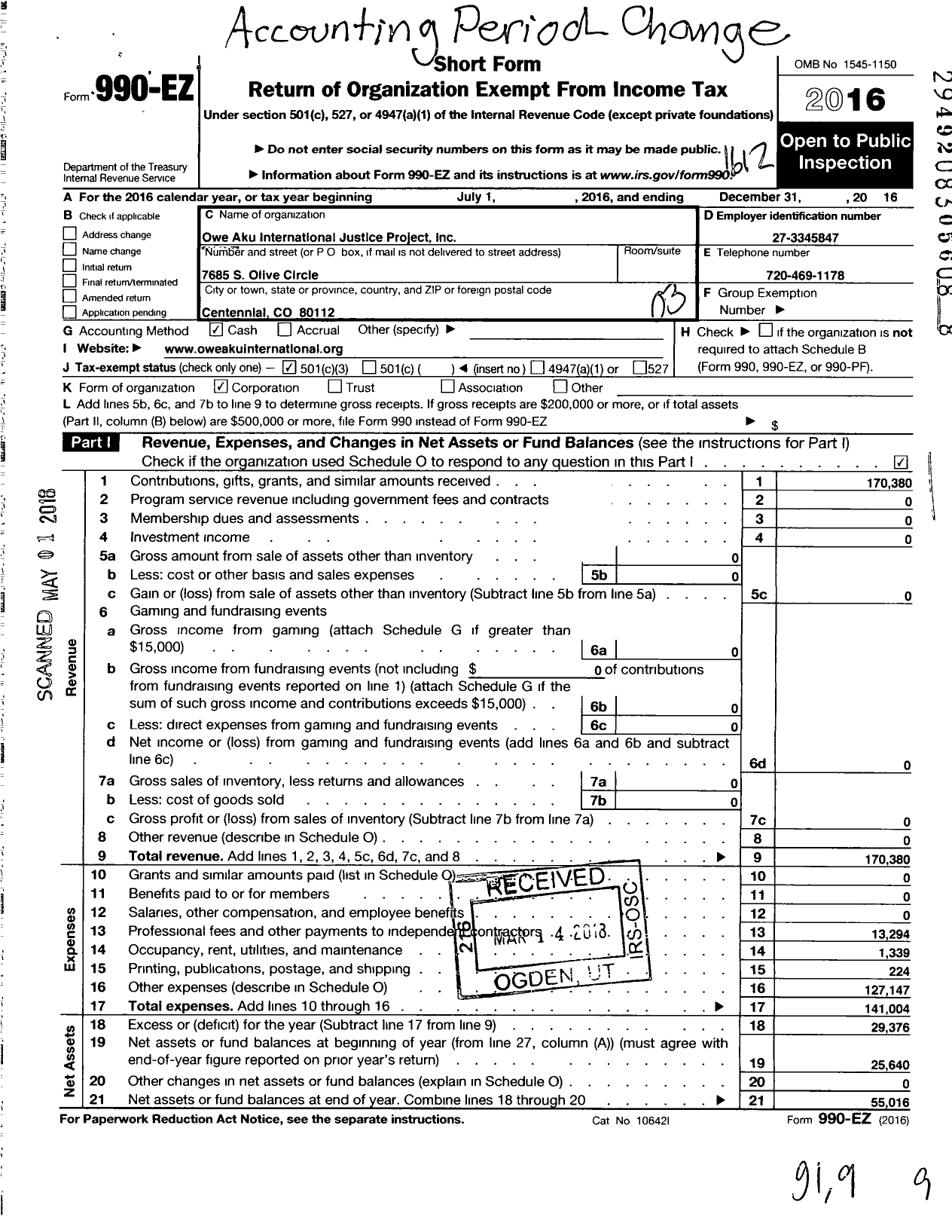 Image of first page of 2016 Form 990EZ for Owe Aku International Justice Project