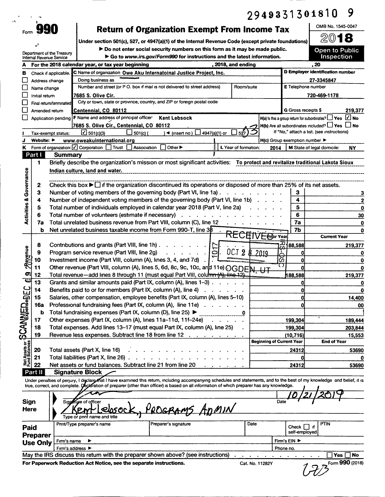 Image of first page of 2018 Form 990 for Owe Aku International Justice Project