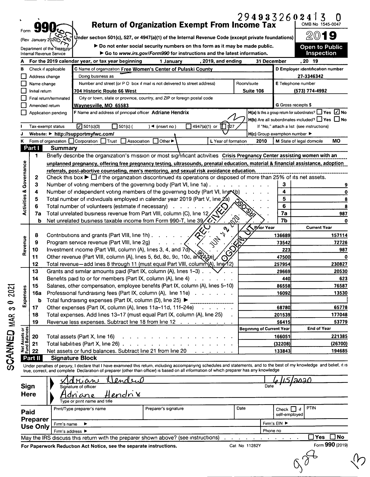 Image of first page of 2019 Form 990 for Free Womens Center of Pulaski County