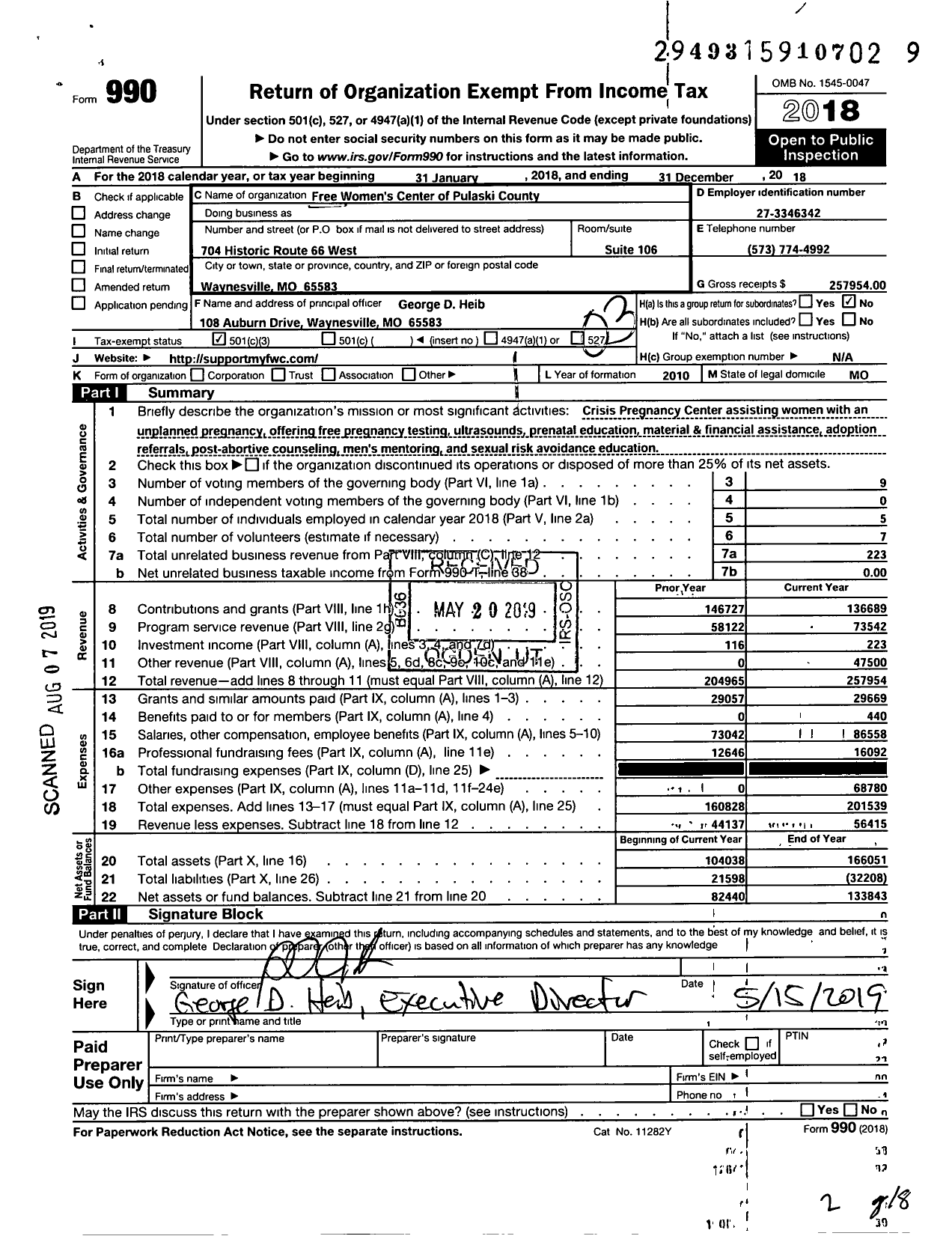 Image of first page of 2018 Form 990 for Free Womens Center of Pulaski County