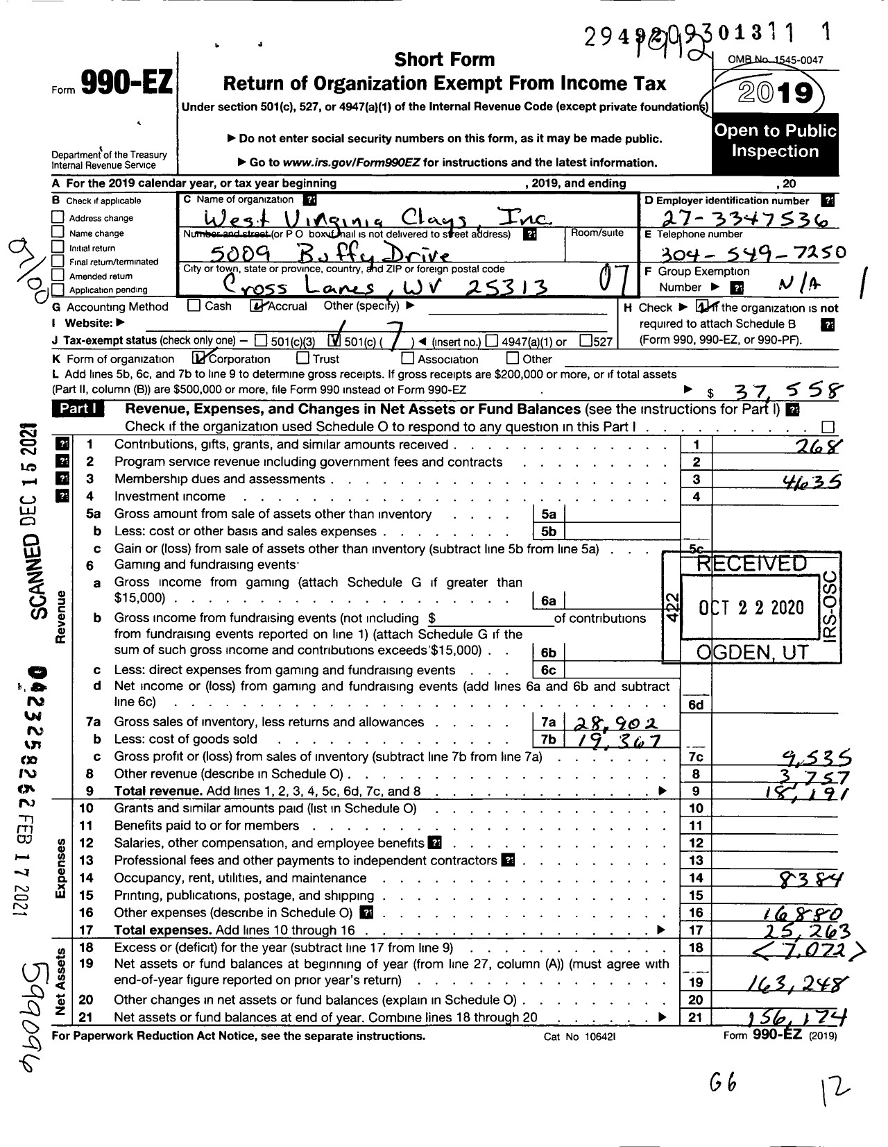 Image of first page of 2019 Form 990EO for West Virginia Clays