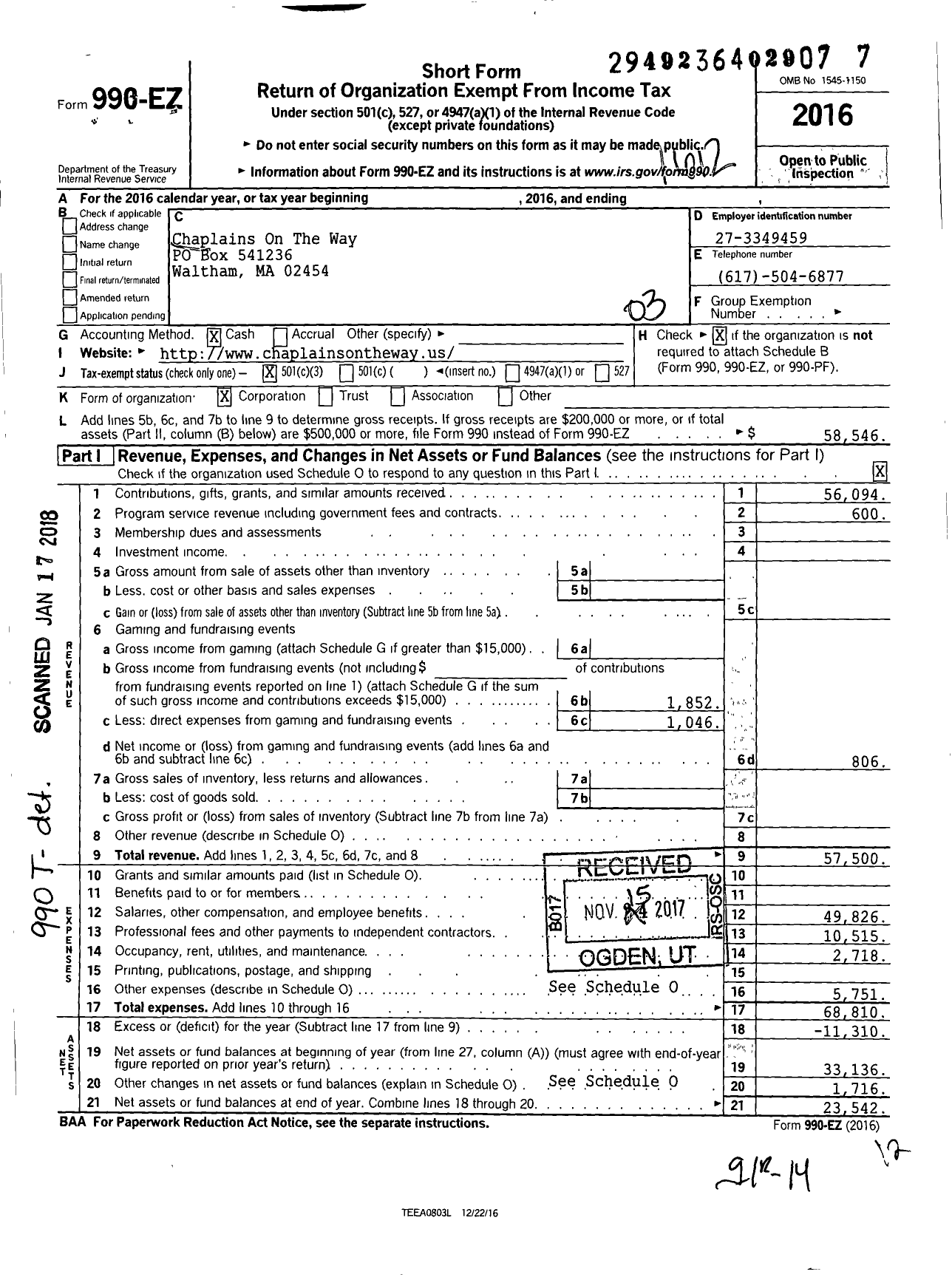 Image of first page of 2016 Form 990EZ for Chaplains on the Way