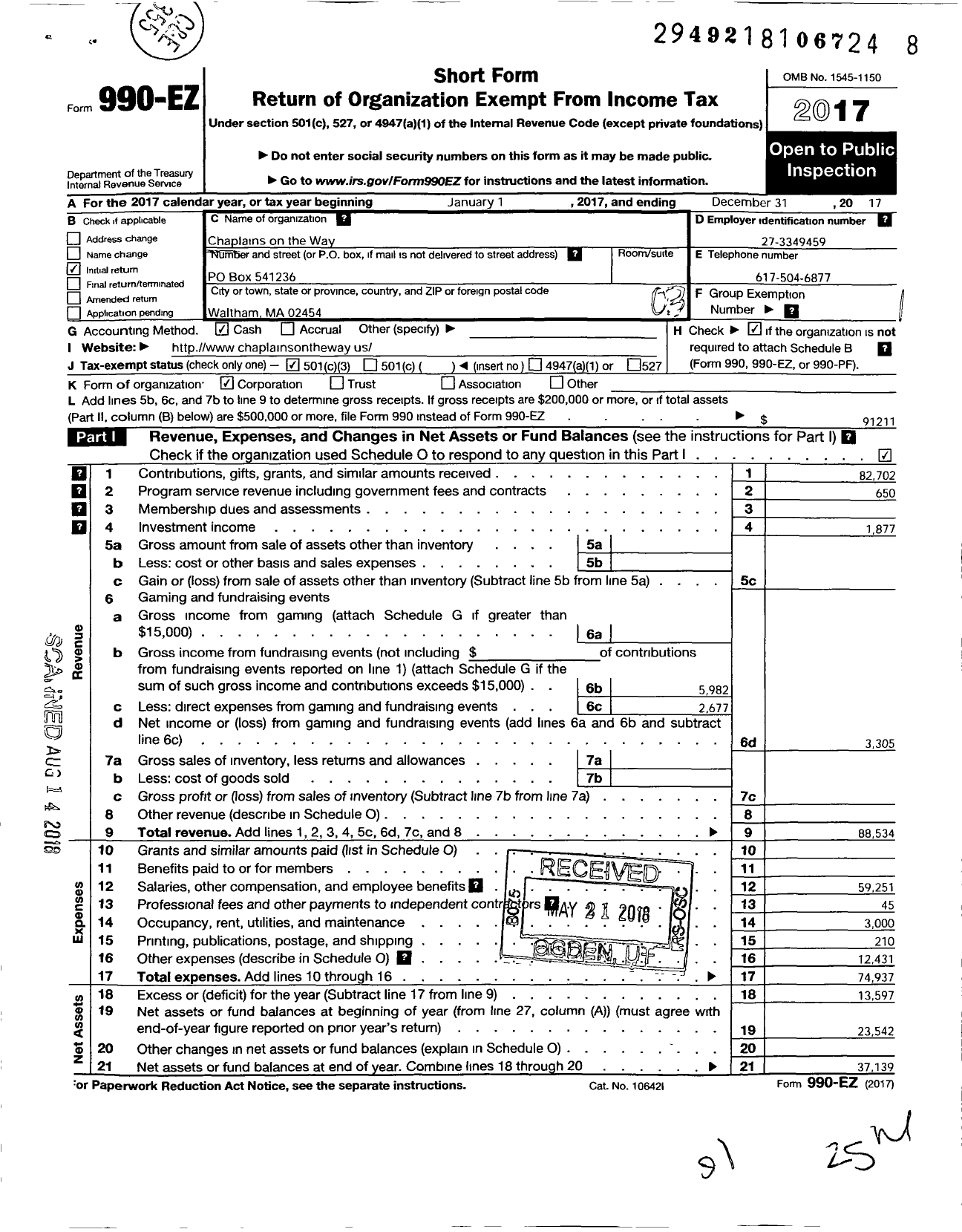 Image of first page of 2017 Form 990EZ for Chaplains on the Way