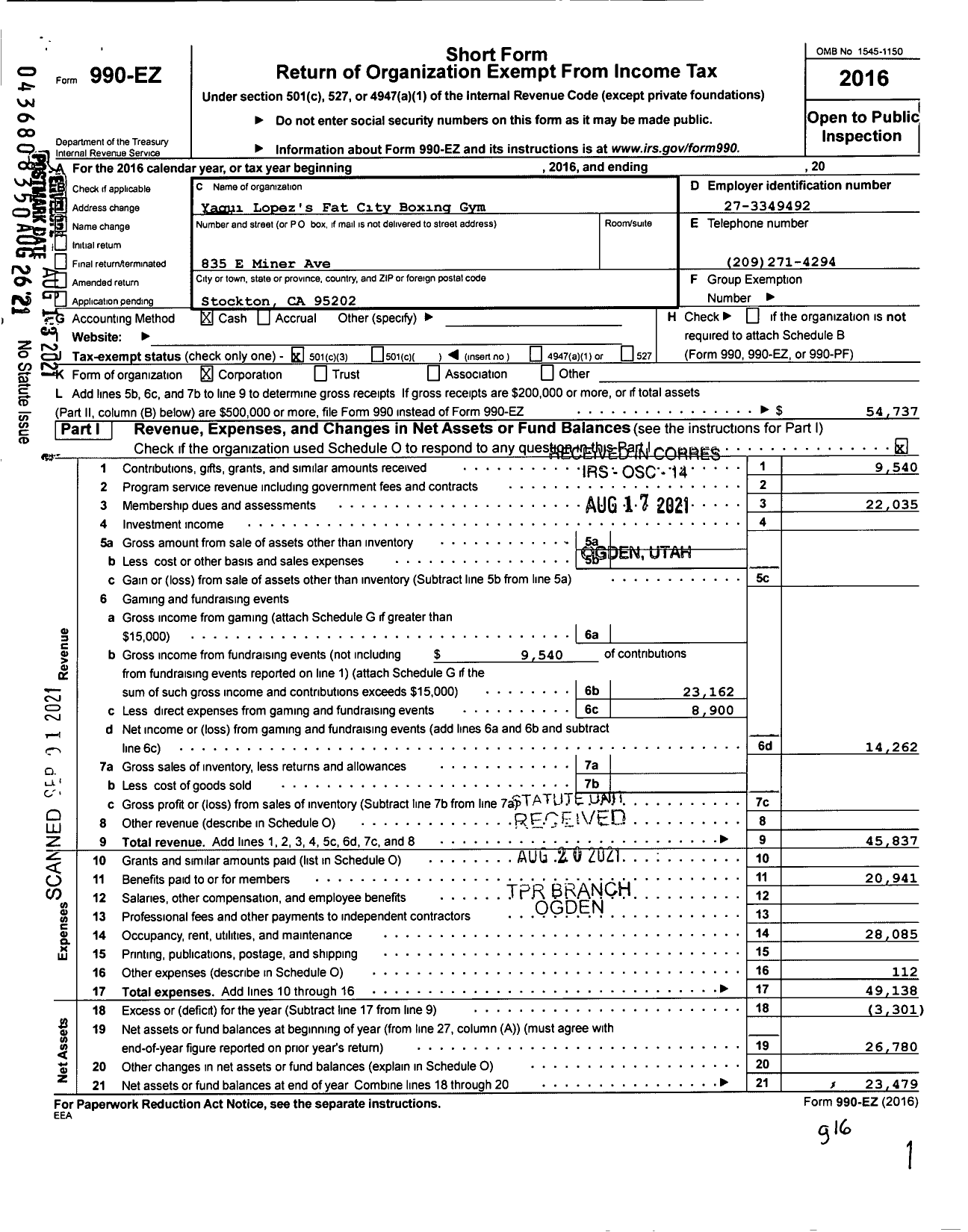 Image of first page of 2016 Form 990EA for Yaqui Lopezs Fat City Boxing Gym