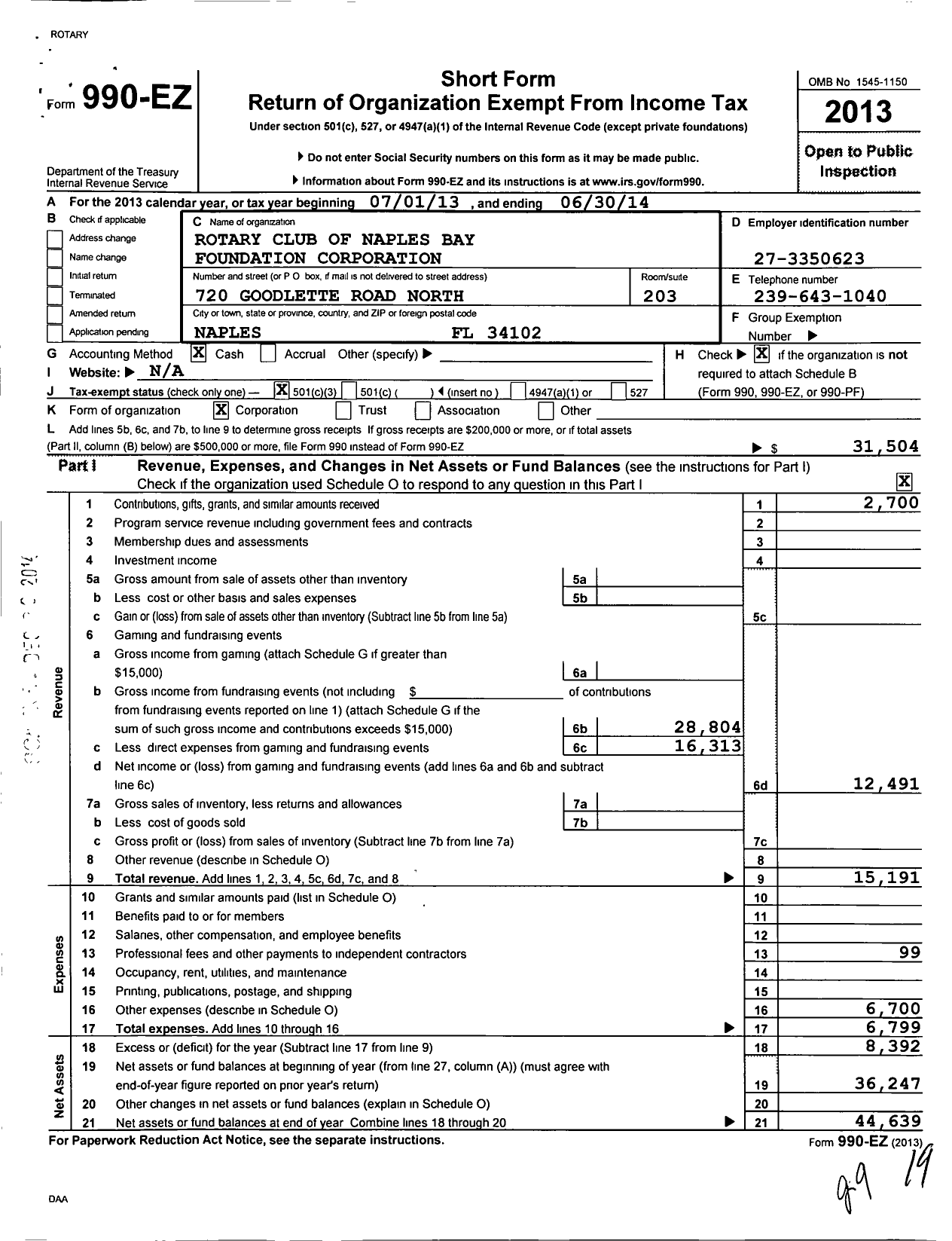 Image of first page of 2013 Form 990EZ for Rotary Club of Naples Bay Corporation