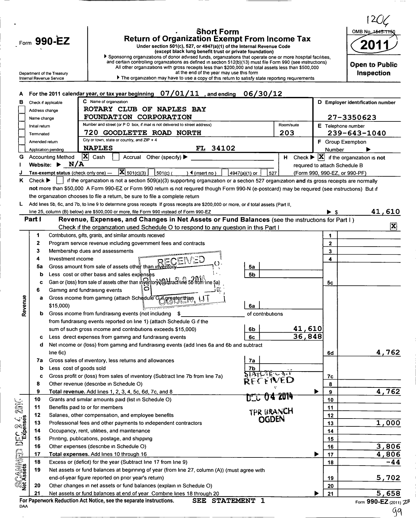 Image of first page of 2011 Form 990EZ for Rotary Club of Naples Bay Corporation