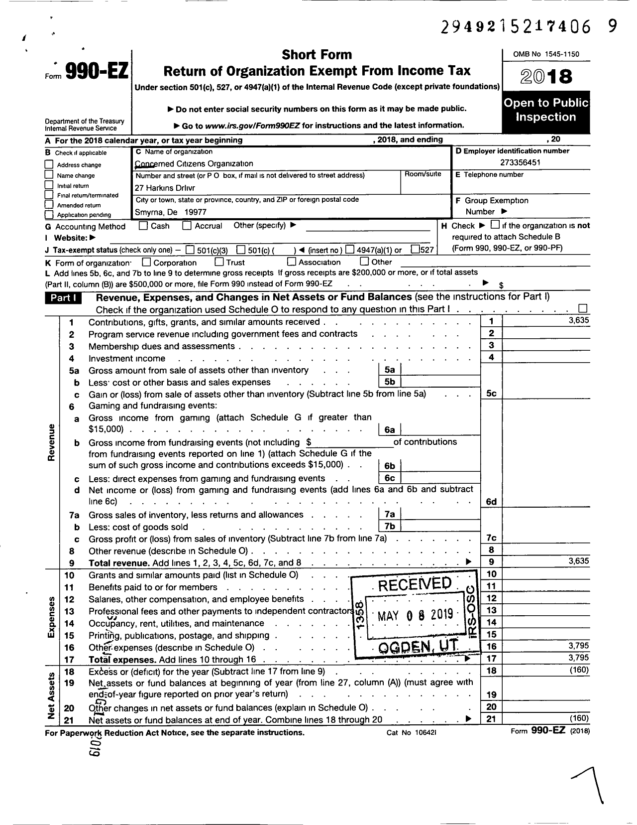 Image of first page of 2018 Form 990EZ for Concerned Citizens Organization