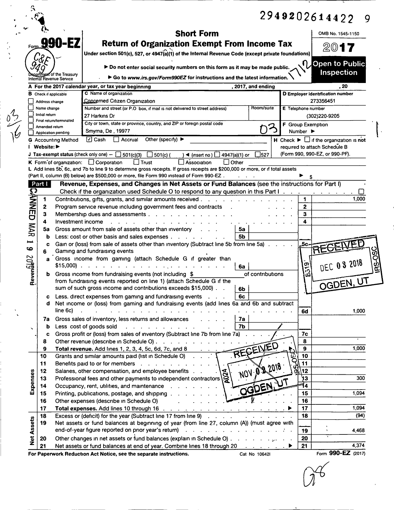 Image of first page of 2017 Form 990EZ for Concerned Citizens Organization