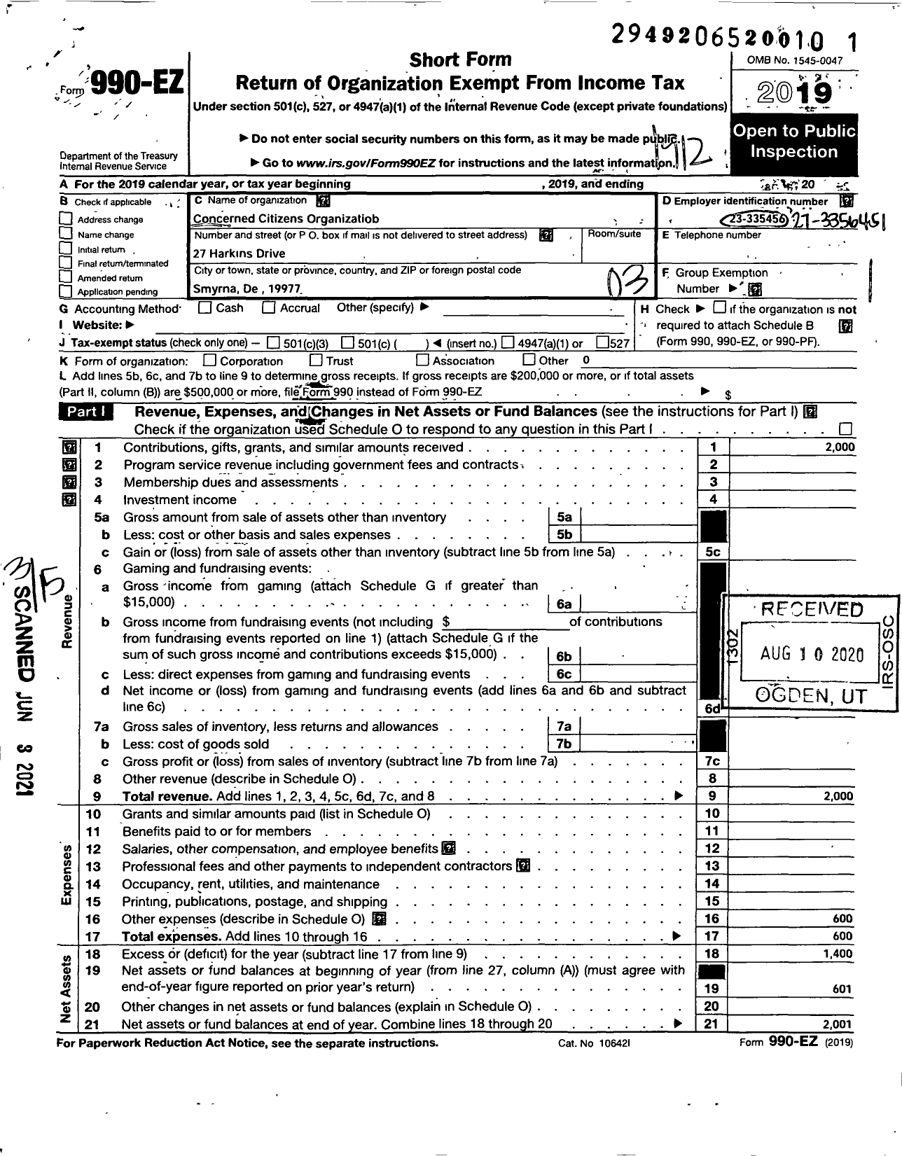 Image of first page of 2019 Form 990EZ for Concerned Citizens Organization