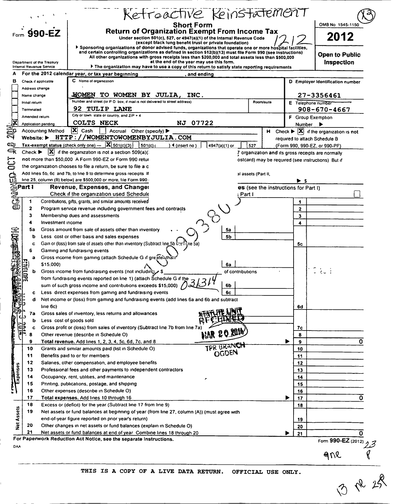 Image of first page of 2012 Form 990EZ for Women To Women By Julia