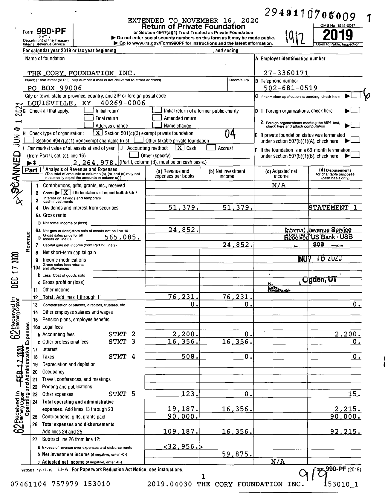 Image of first page of 2019 Form 990PF for The Cory Foundation