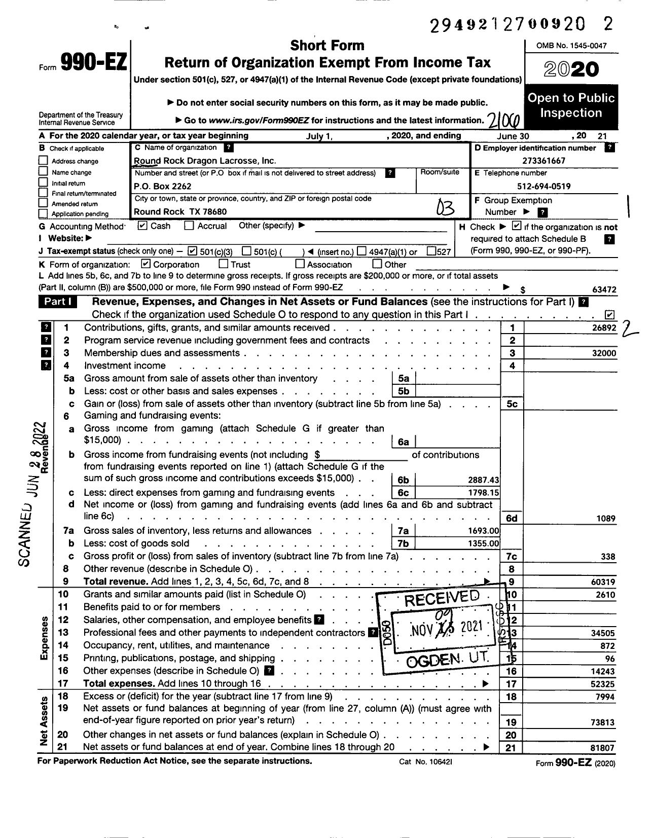 Image of first page of 2020 Form 990EZ for Round Rock HS Lacrosse Club