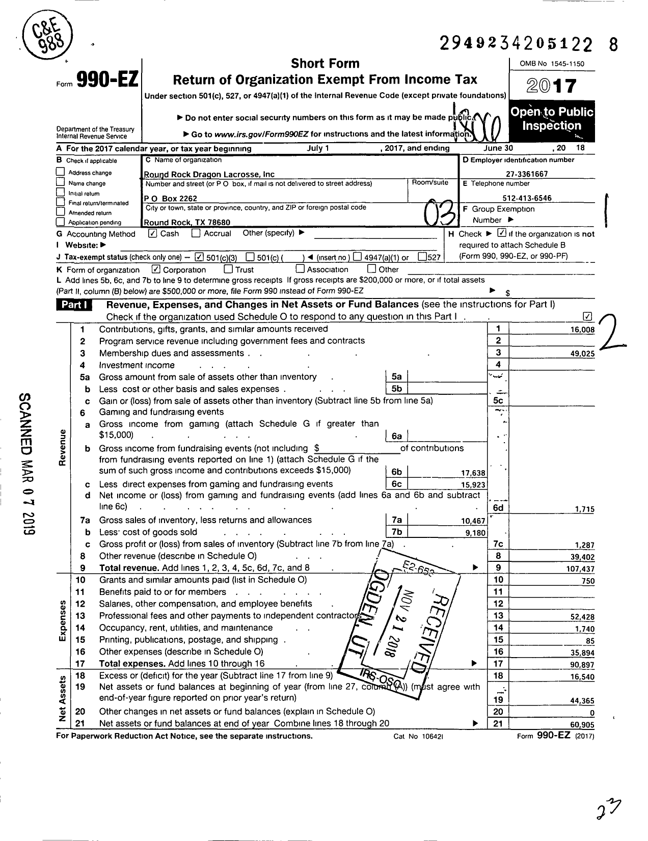 Image of first page of 2017 Form 990EZ for Round Rock HS Lacrosse Club