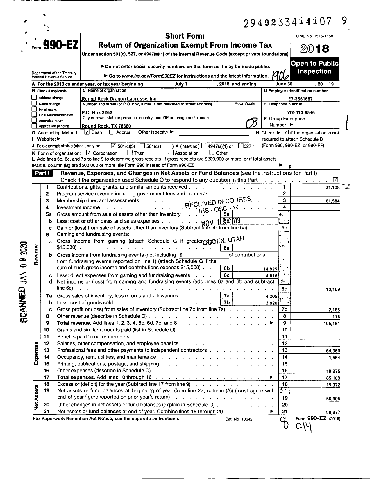 Image of first page of 2018 Form 990EZ for Round Rock HS Lacrosse Club