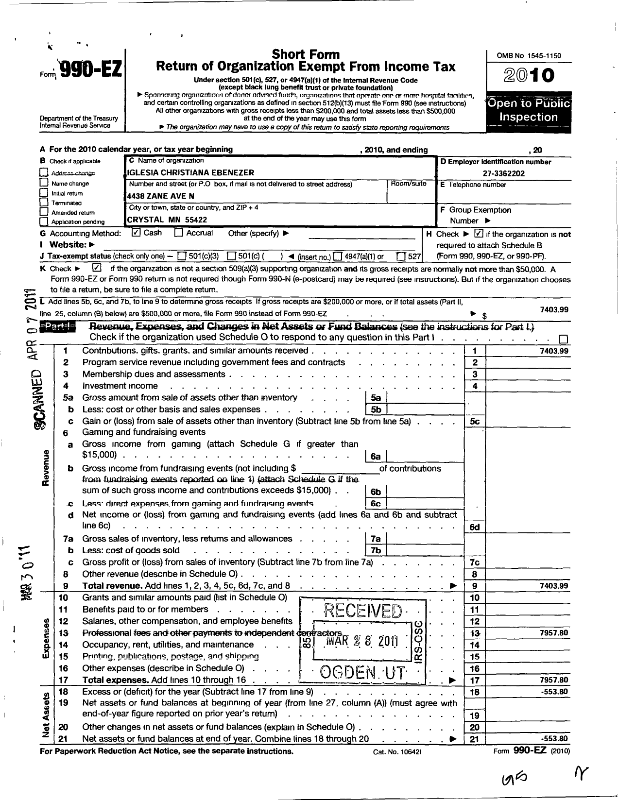 Image of first page of 2010 Form 990EO for Iglesia Christiana Ebenezer