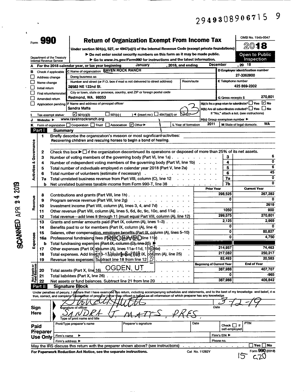 Image of first page of 2018 Form 990 for Raven Rock Ranch