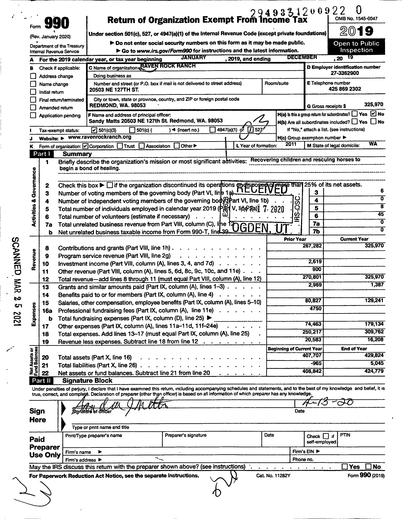 Image of first page of 2019 Form 990 for Raven Rock Ranch