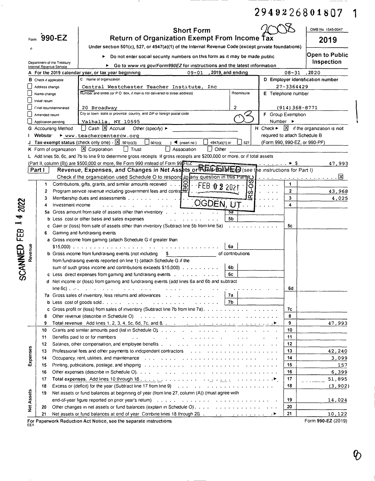 Image of first page of 2019 Form 990EZ for Central Westchester Teacher Institute