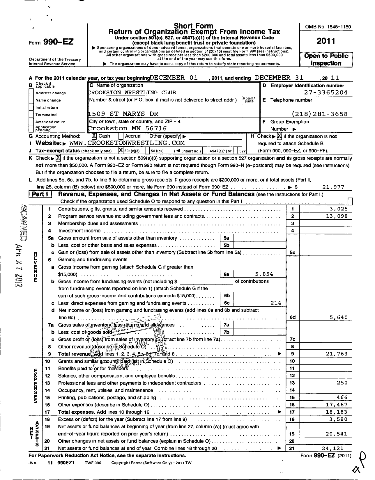 Image of first page of 2011 Form 990EZ for Crookston Wrestling Club