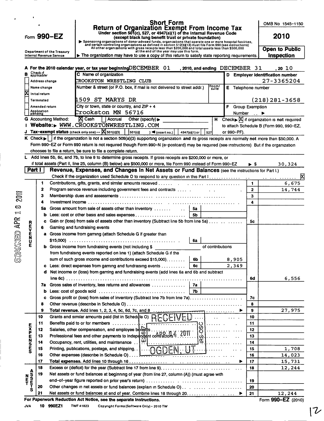 Image of first page of 2010 Form 990EZ for Crookston Wrestling Club