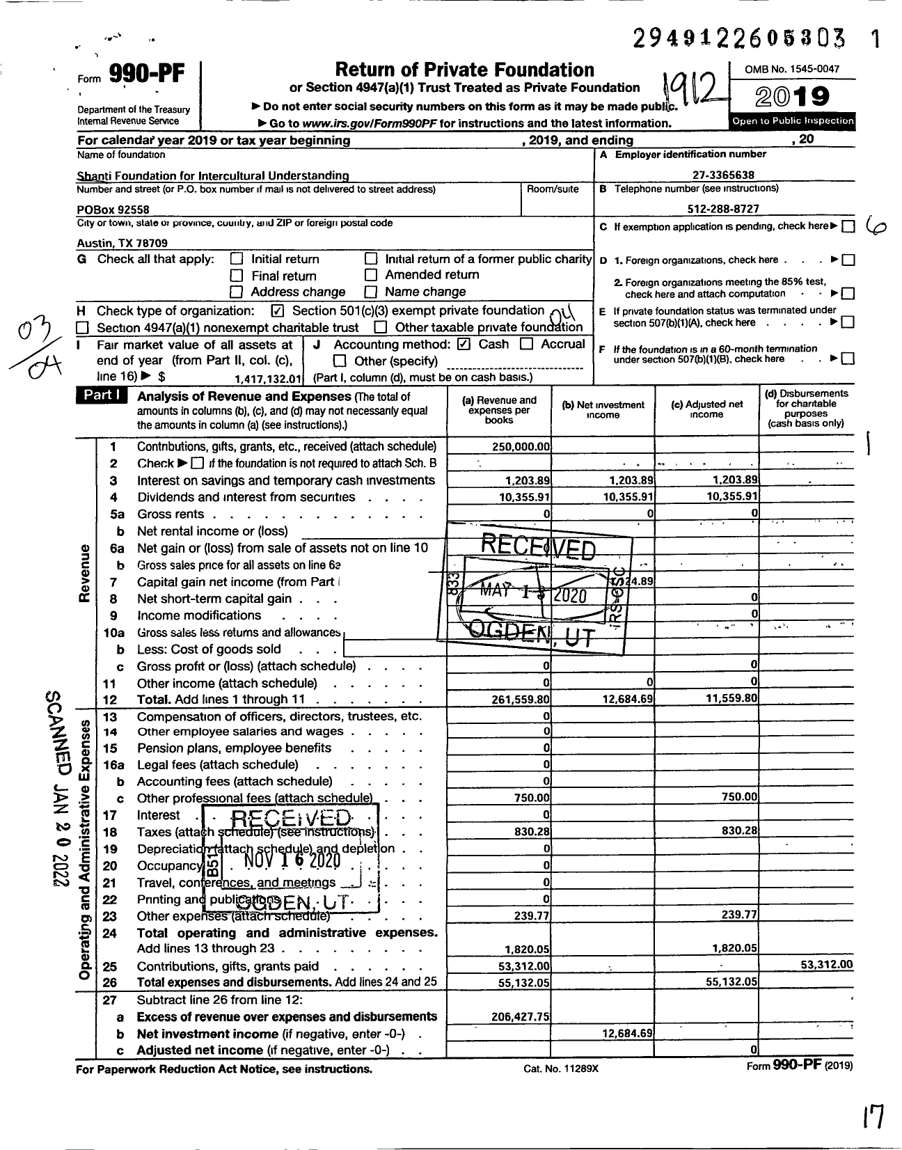 Image of first page of 2019 Form 990PF for Shanti Foundation for Intercultural Understanding