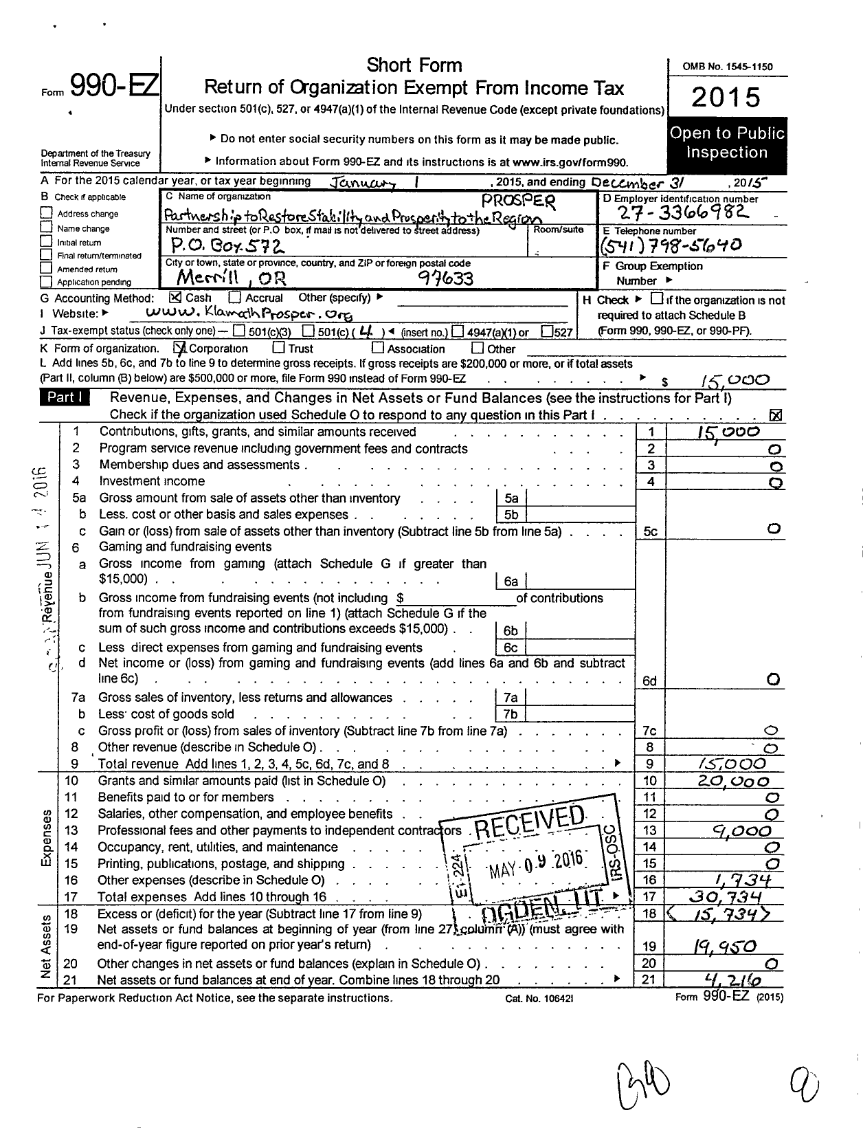 Image of first page of 2015 Form 990EO for Partnership To Restore Stability and Prosperity To the Region