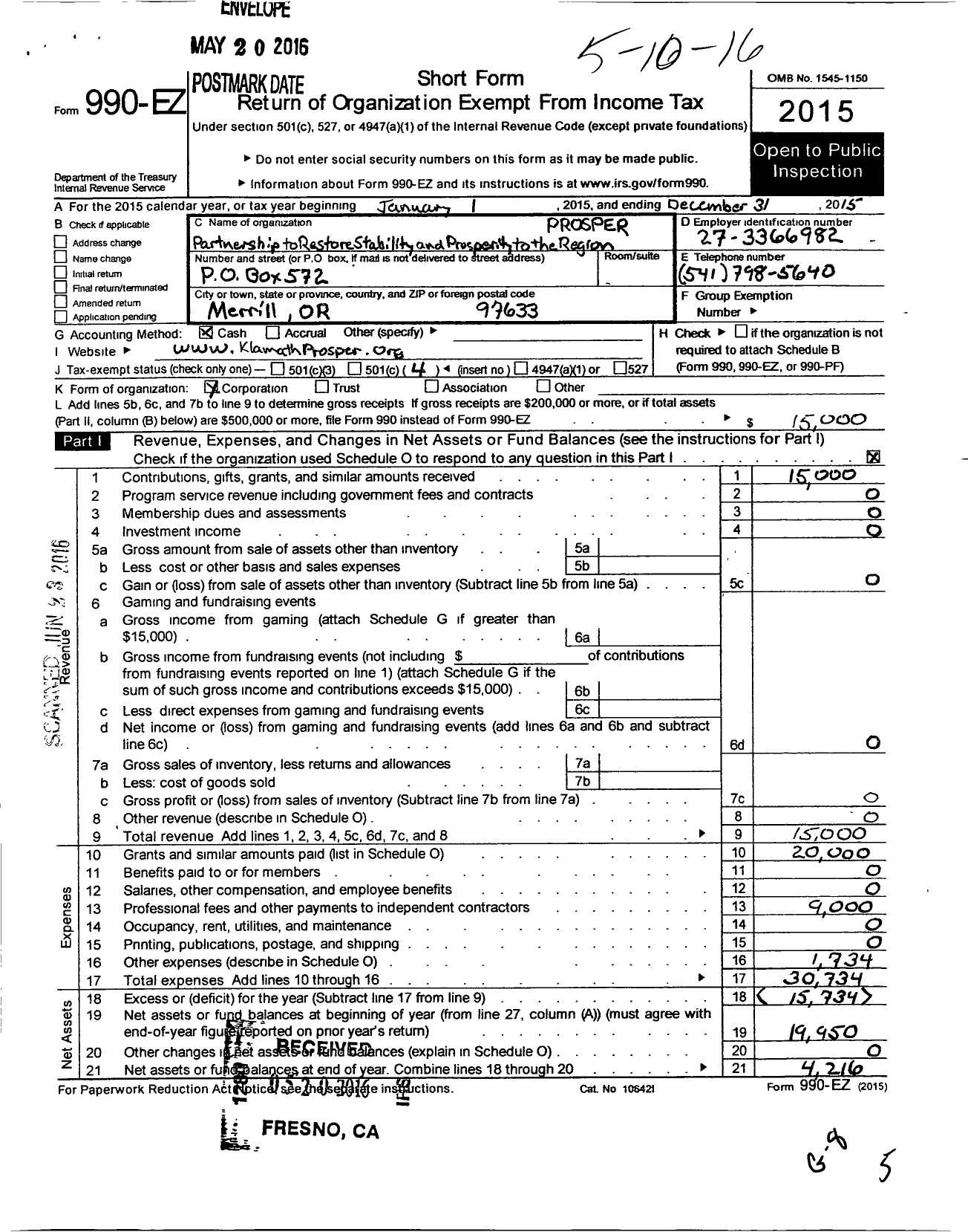 Image of first page of 2015 Form 990EO for Partnership To Restore Stability and Prosperity To the Region