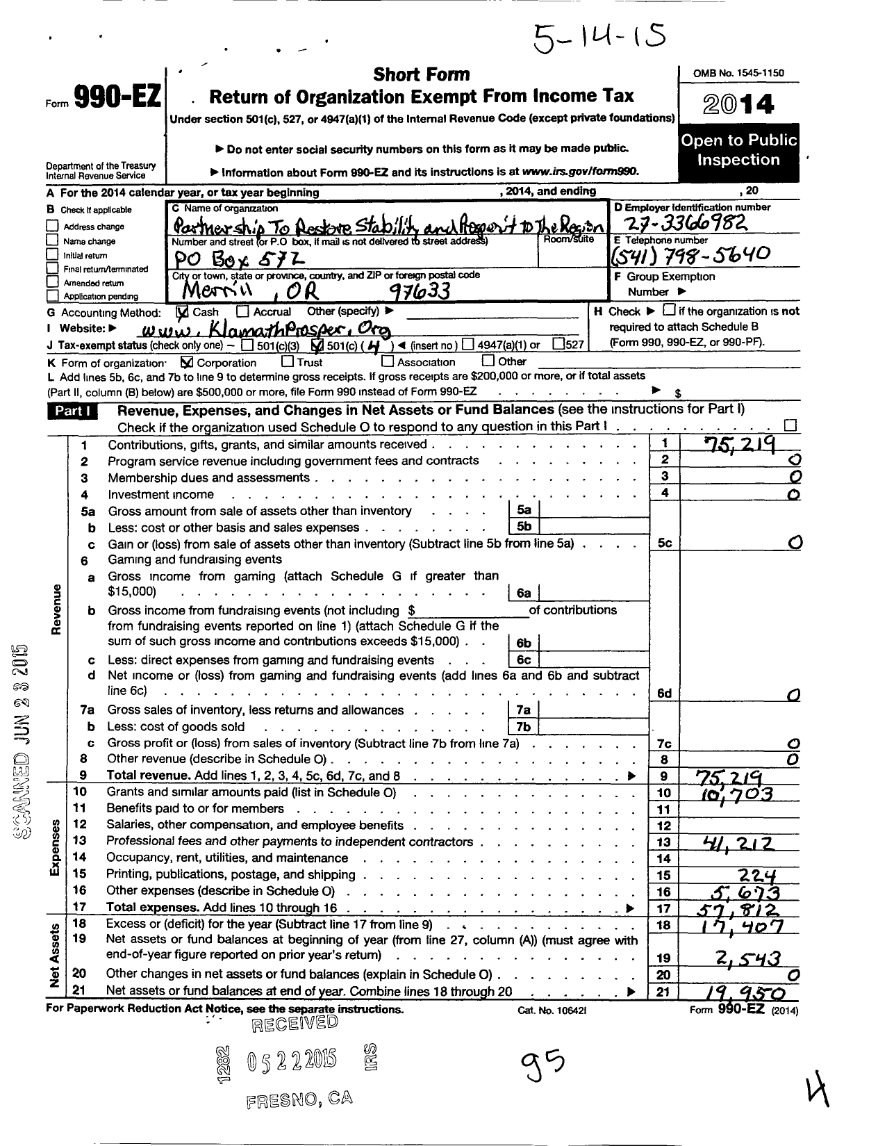 Image of first page of 2014 Form 990EO for Partnership To Restore Stability and Prosperity To the Region