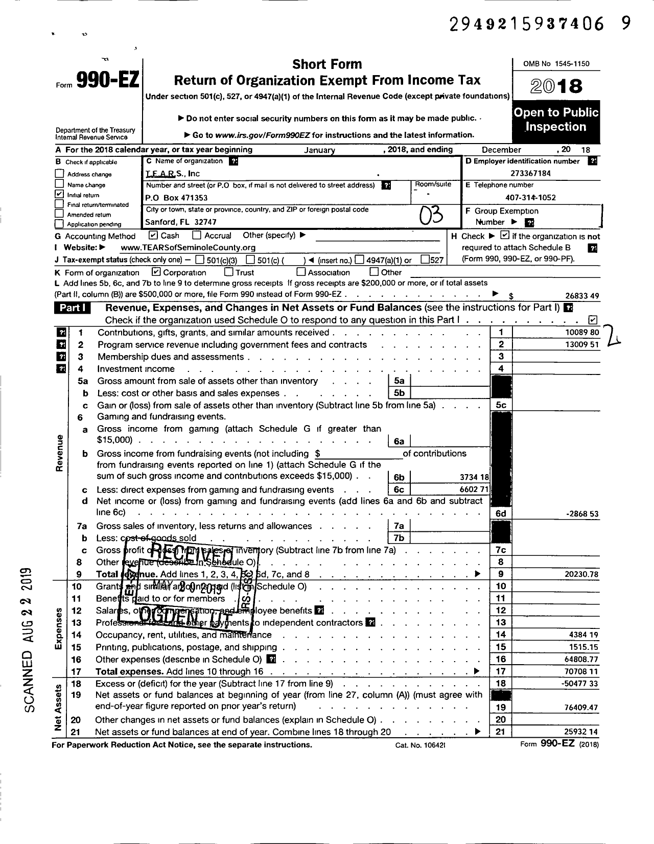 Image of first page of 2018 Form 990EZ for Tears