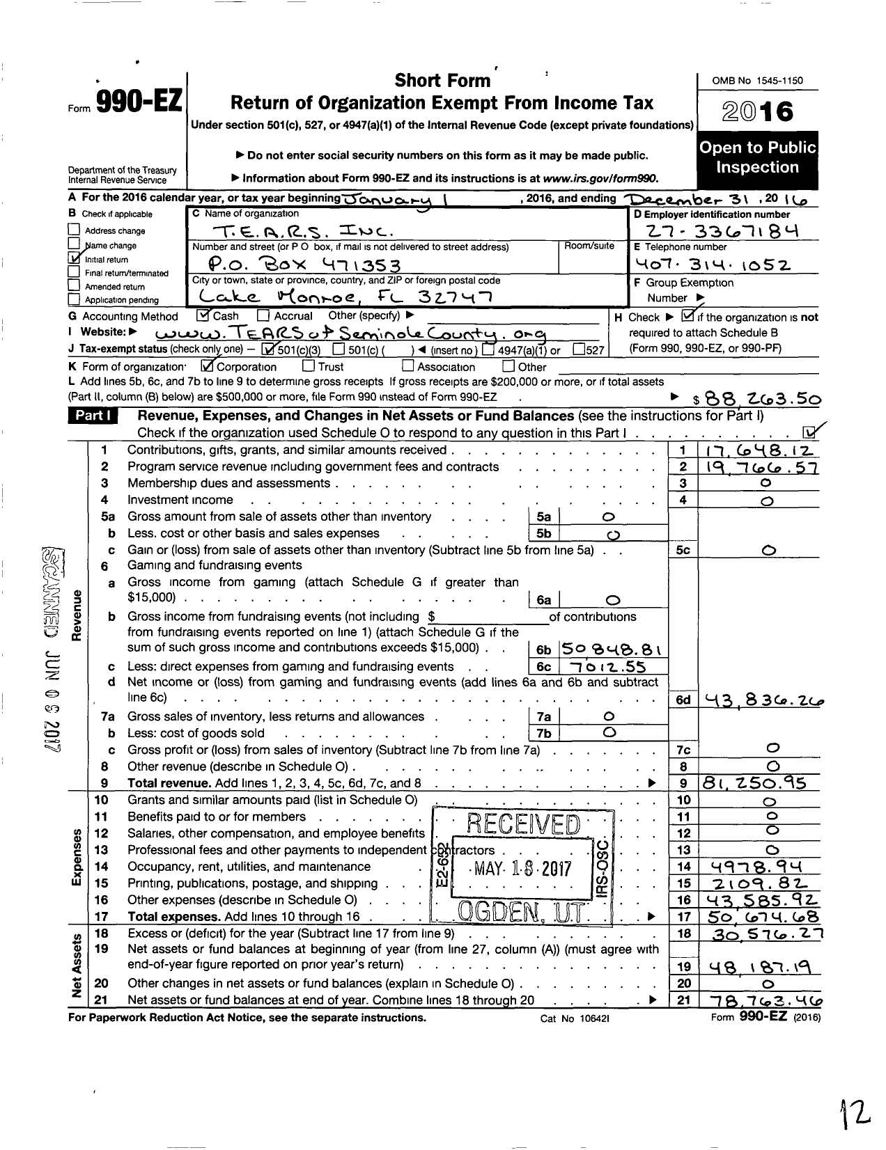 Image of first page of 2016 Form 990EZ for Tears