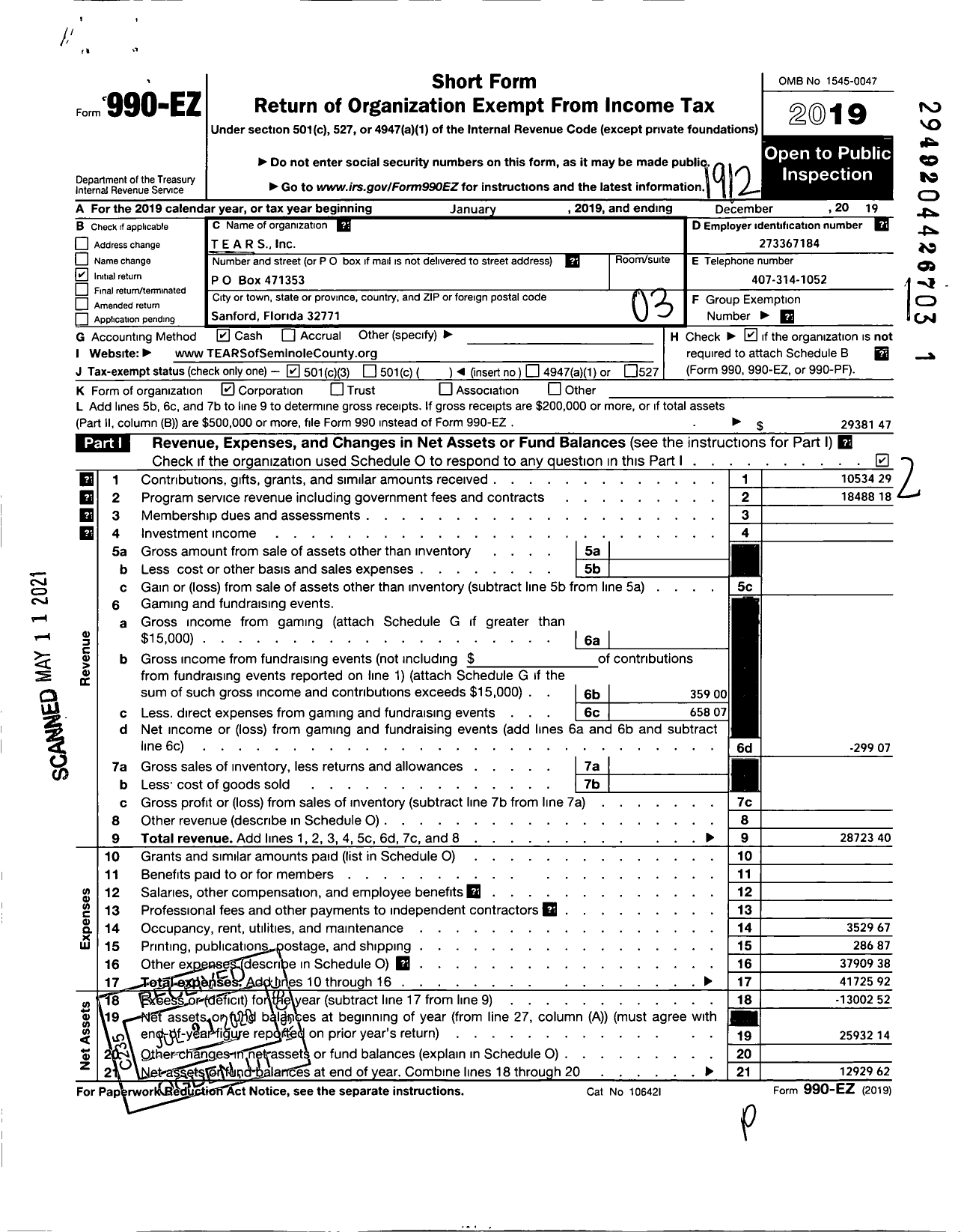 Image of first page of 2019 Form 990EZ for Tears