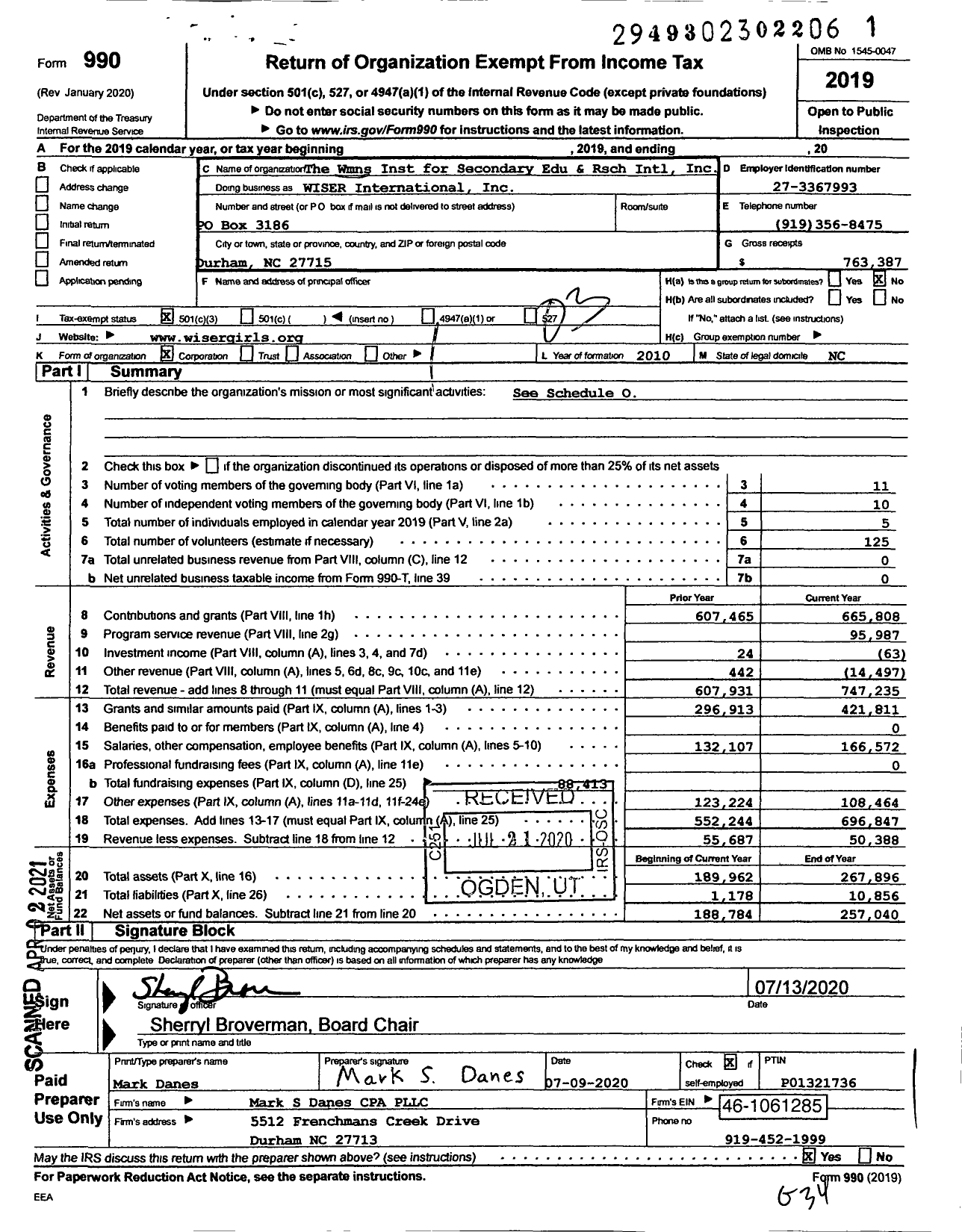 Image of first page of 2019 Form 990 for The Womens INSTITUTE FOR SECONDARY Education and Research International