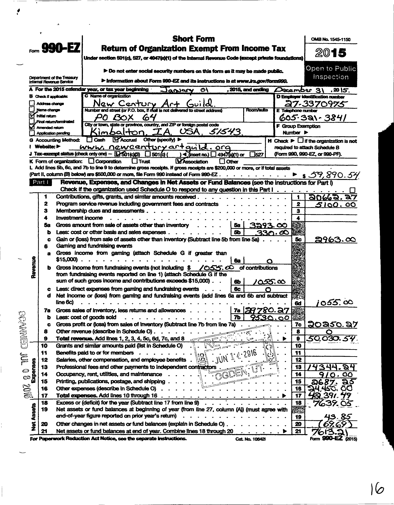 Image of first page of 2015 Form 990EZ for New Century Art Guild