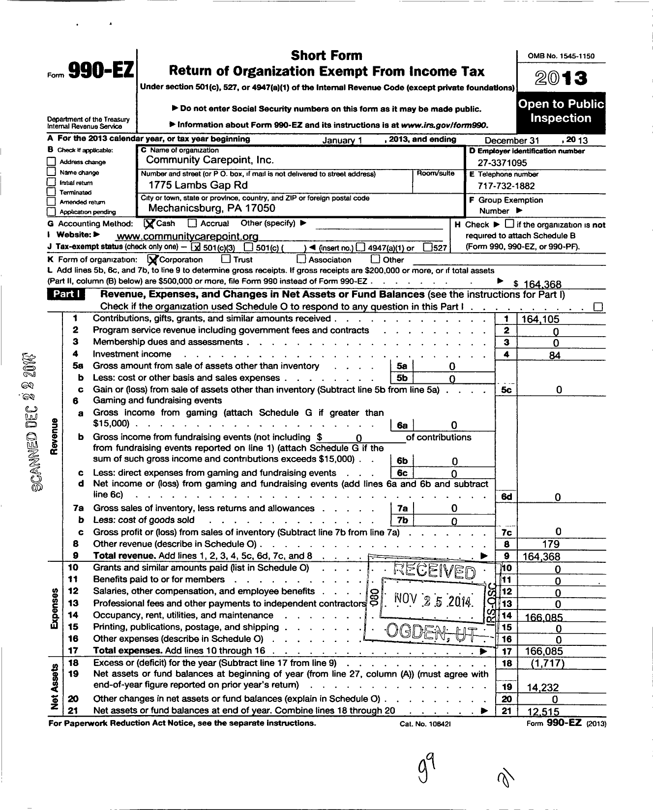 Image of first page of 2013 Form 990EZ for Community Carepoint